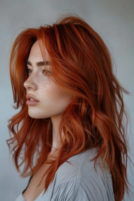 Woman with voluminous, wavy reddish copper hair.