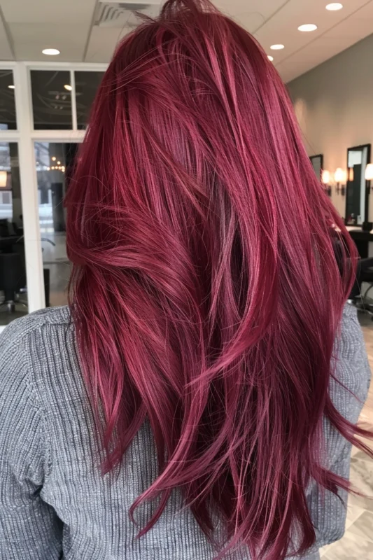 Long wavy hair colored in a soft rose red shade.