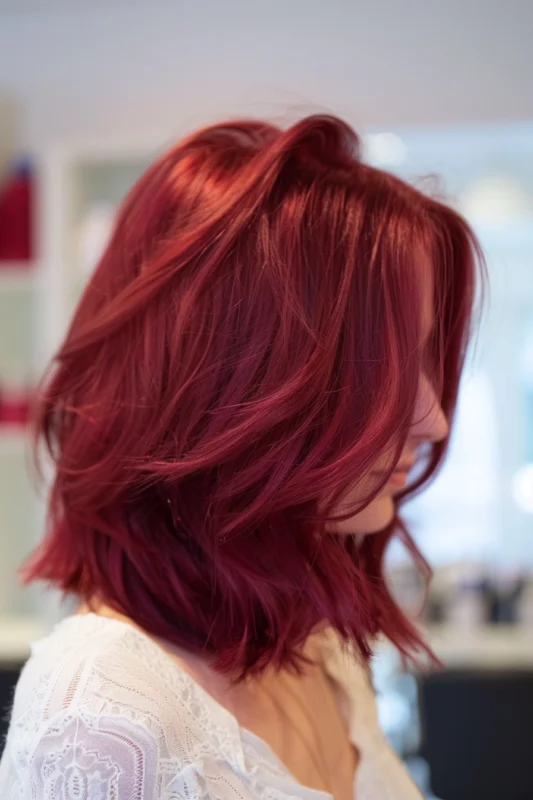 A woman with stunning ruby red hair in soft waves