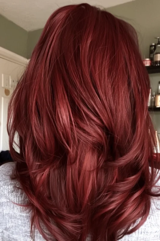 Woman with luxurious ruby red hair.
