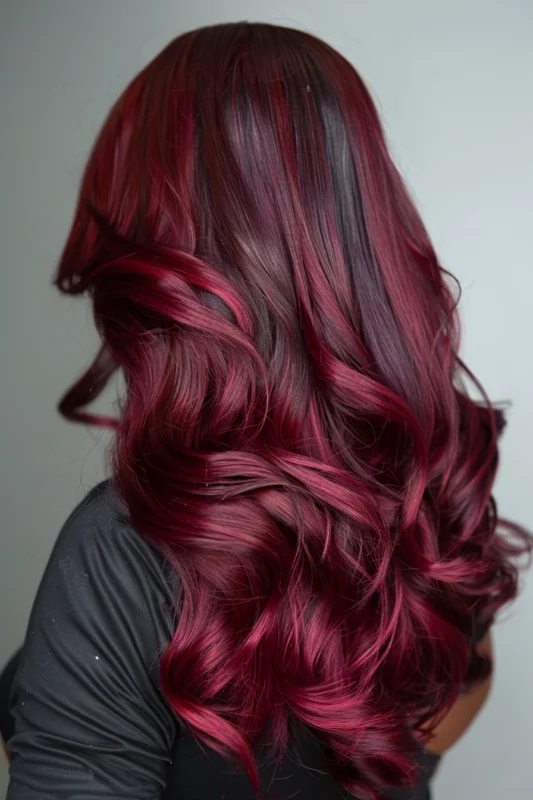 A woman with deep sangria hair color in waves.