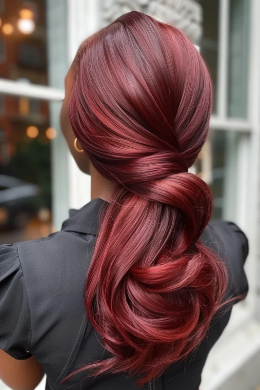 Woman with sangria hair color
