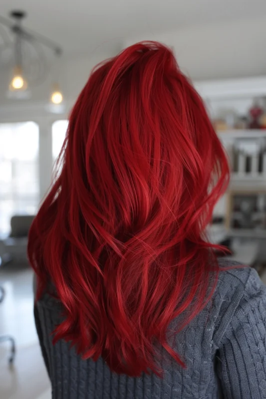 Shiny, straight hair with a bold scarlet red tint.