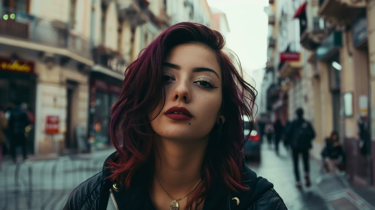 Woman with dark burgundy colored hair on the streets of NYC.