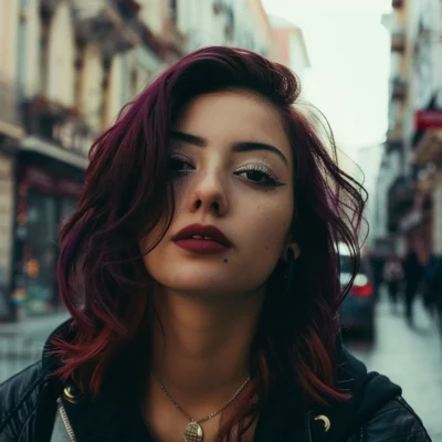 Woman with dark burgundy colored hair on the streets of NYC.