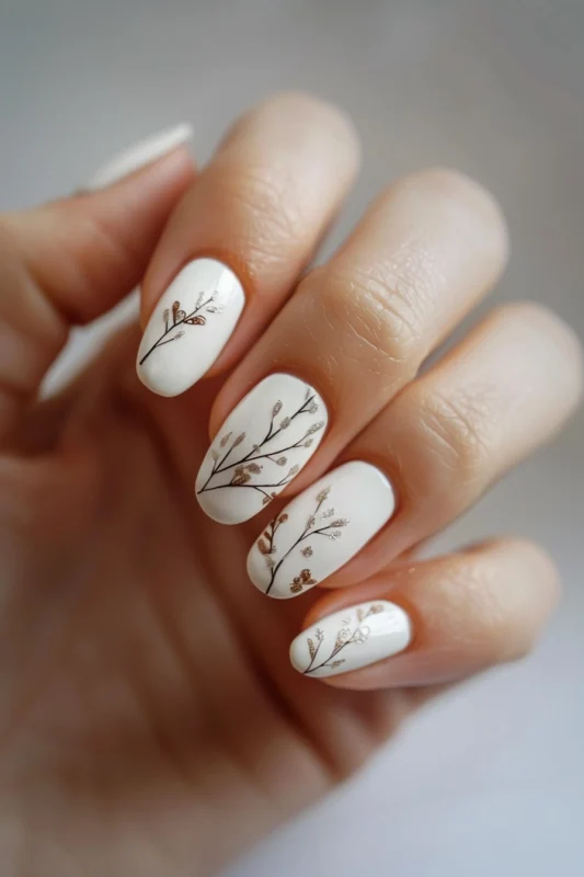 Short white nails with a black, brown, and silver botanical design.