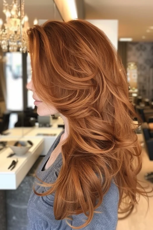 Woman with soft, wavy copper hair.