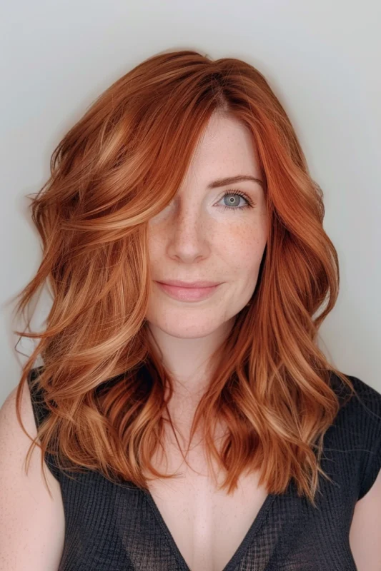 Woman with vibrant, wavy strawberry copper hair.