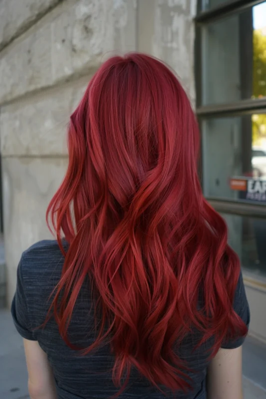Woman with vibrant red hair in loose waves.