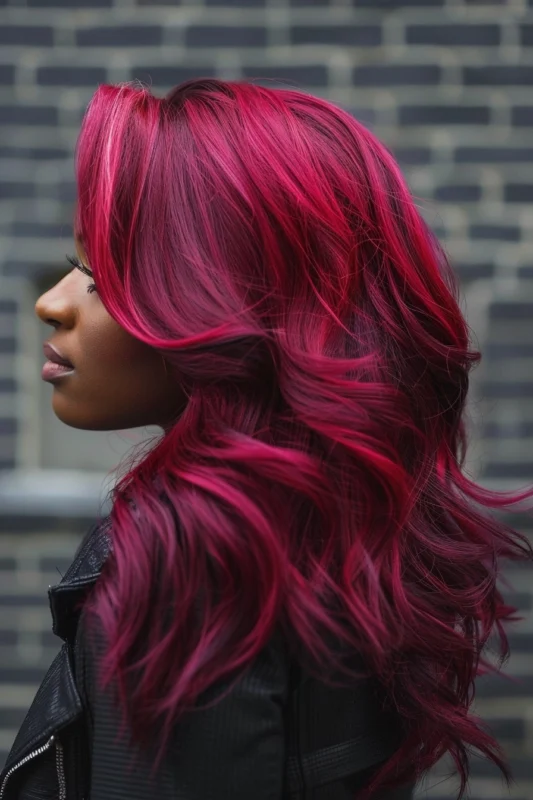 Side profile of a woman with vivid red hair and bold waves.