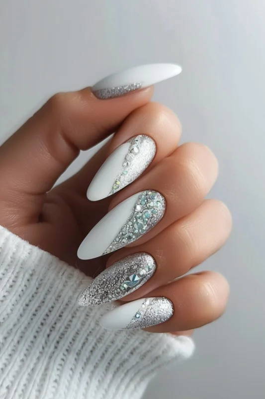 White and silver glitter nails.