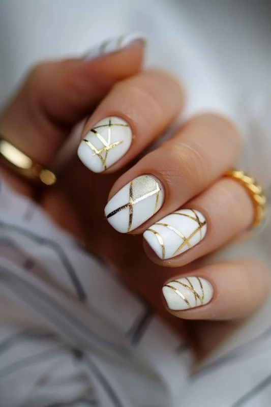 Short white nails with fine gold line art.