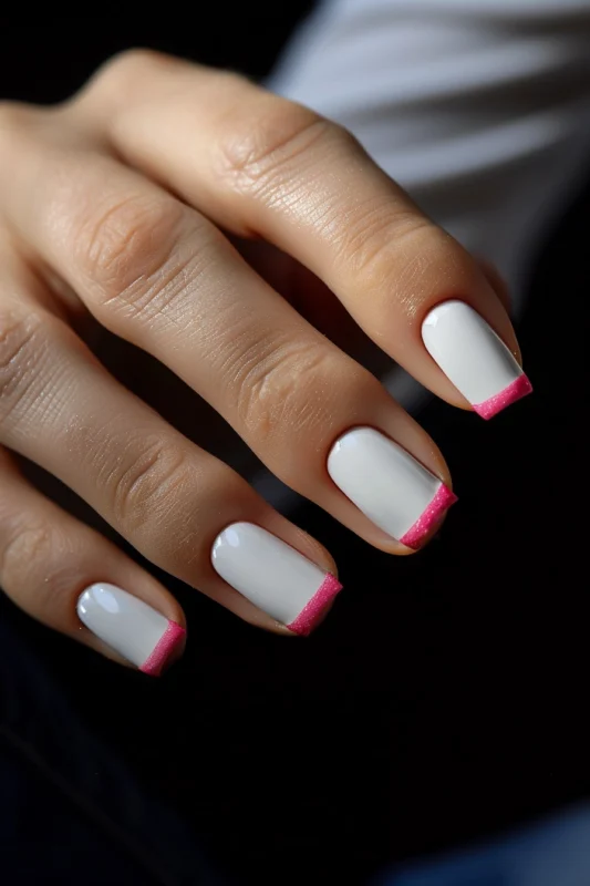White square nails with a pink glitter French tip.