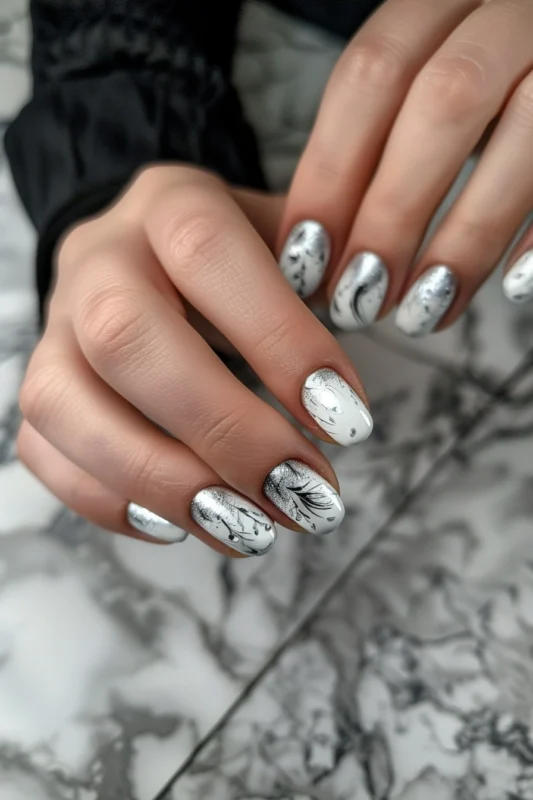 White nails with silver underlay and artistic black strokes.