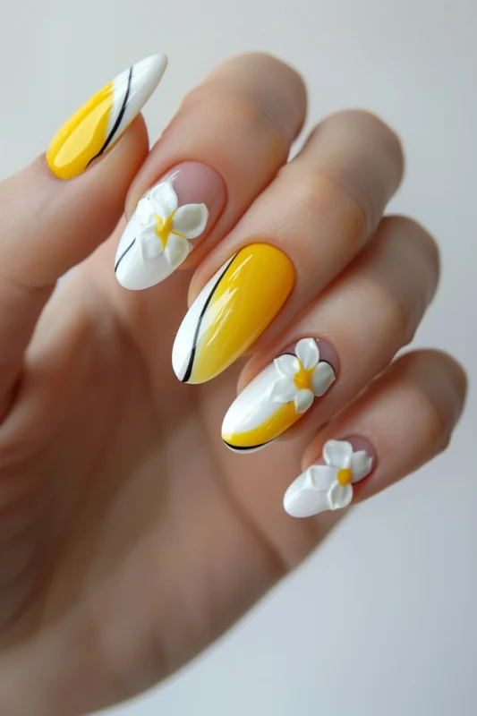 Almond nails with white and yellow design and 3D flowers.