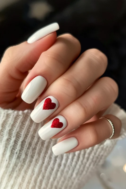 Square white nails with glittery red hearts on two nails.