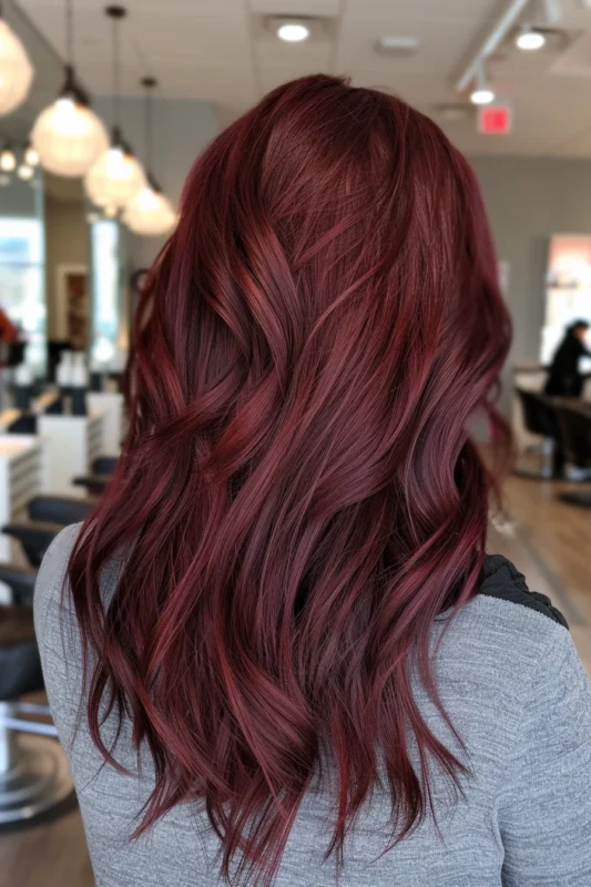 A woman with rich wine red colored hair with soft curls.
