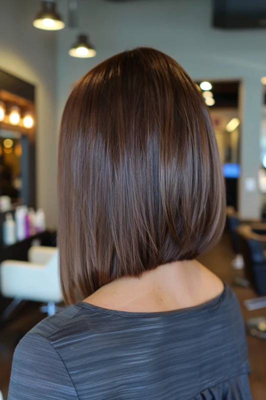 A chocolate brown angled lob haircut.