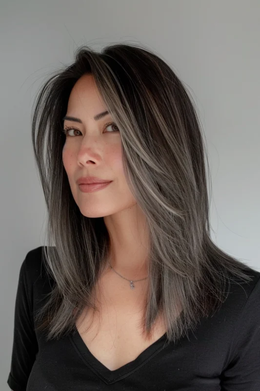 Woman with face-framing ash-gray highlights.
