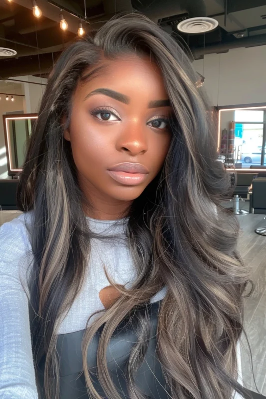 Woman with ash-grey highlighted wavy hair.