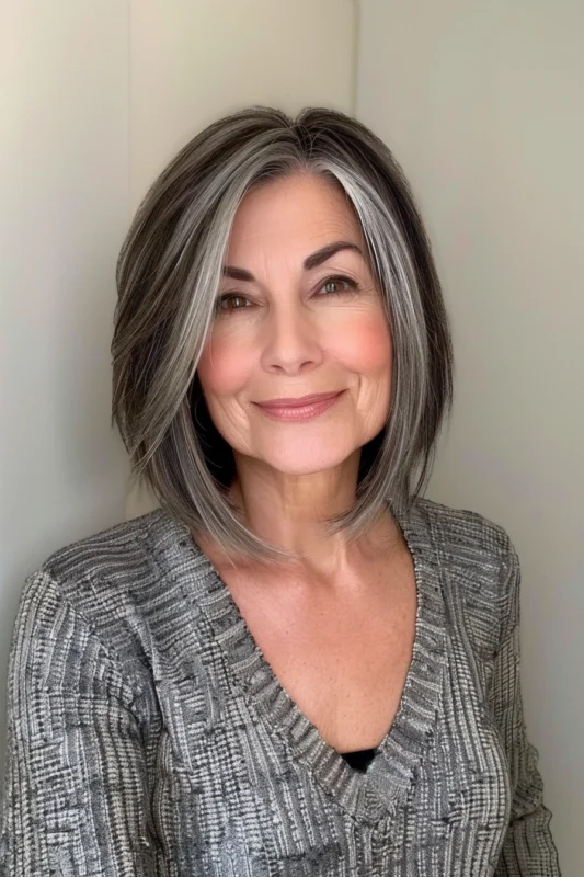 Woman with chic layered salt and pepper bob.