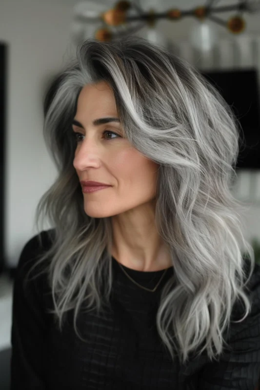 Woman with a cool-toned salt and pepper hairstyle.