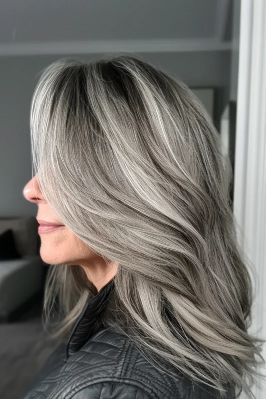 Woman with dynamic salt and pepper hair in the light.