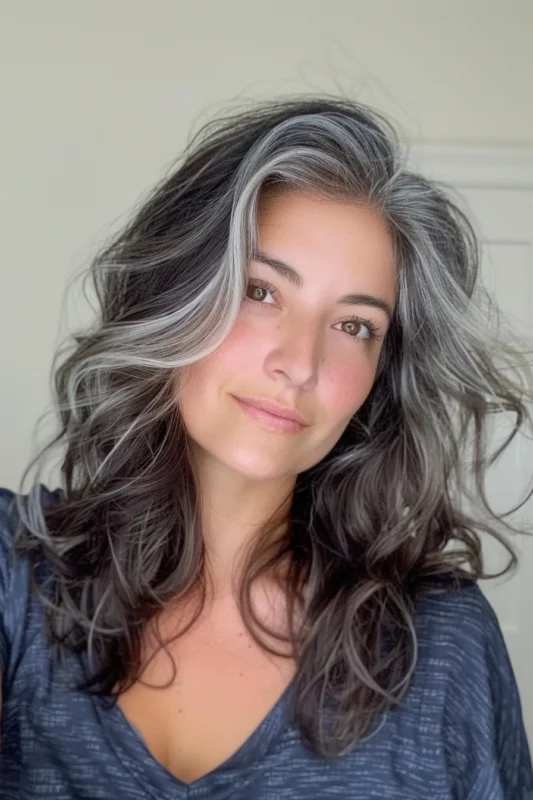 Woman with voluminous curly salt and pepper hair.