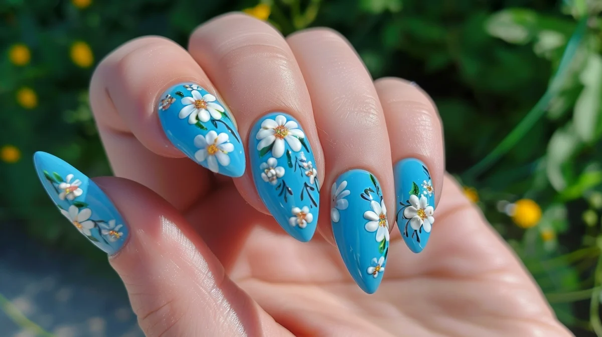Photo of a hand with blue nails adorned with beautiful daisies.