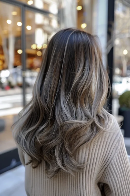 Wavy brown hair with seamlessly blended silver highlights.