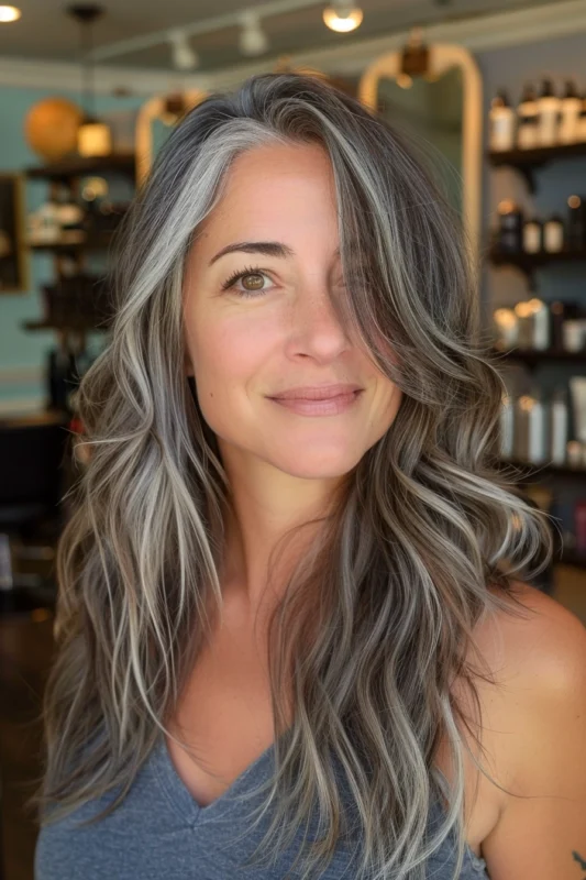 Woman with brown hair featuring bold white and gray streaks.