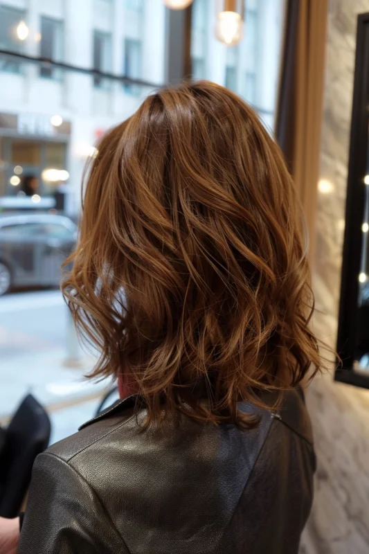 A person with a choppy layered haircut in caramel tones.