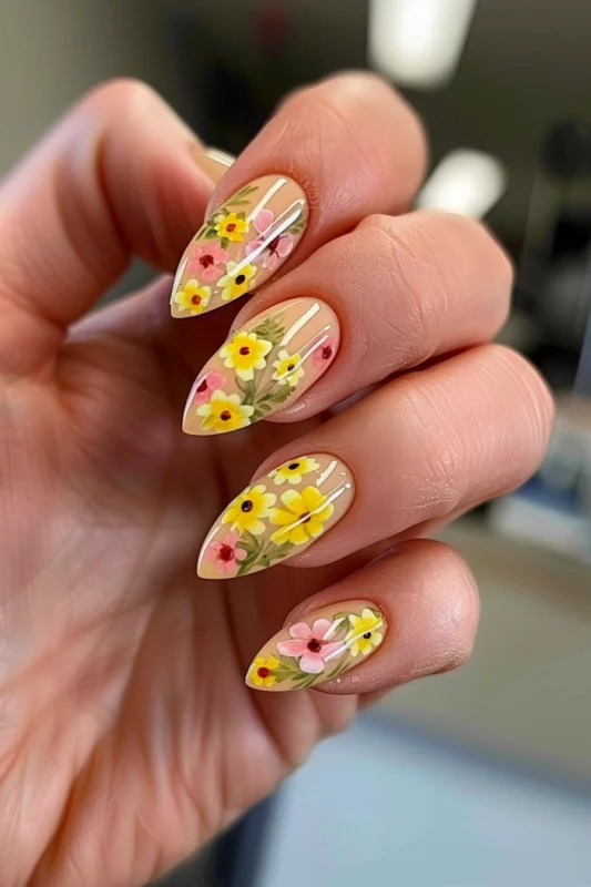 Close-up of transparent nails with yellow floral art.