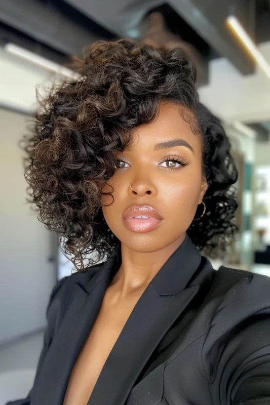 A deep side part on a voluminous curly bob.