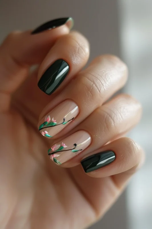 Alternating dark green and nude nails with floral design.