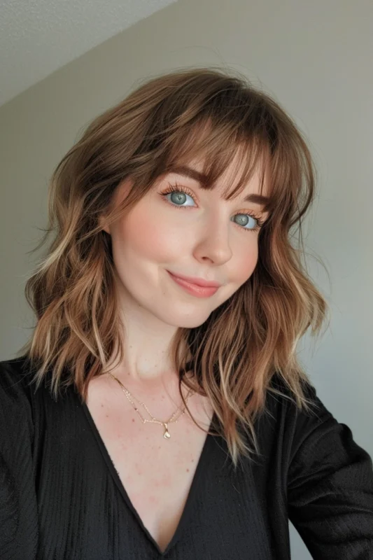 Shoulder-length choppy wavy hair with a whispy fringe.