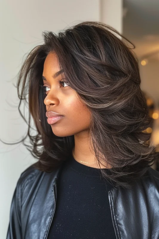 Woman with feathered layers in her hair.