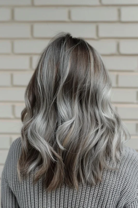 Flowing hair with a harmonious blend of gray and silver.