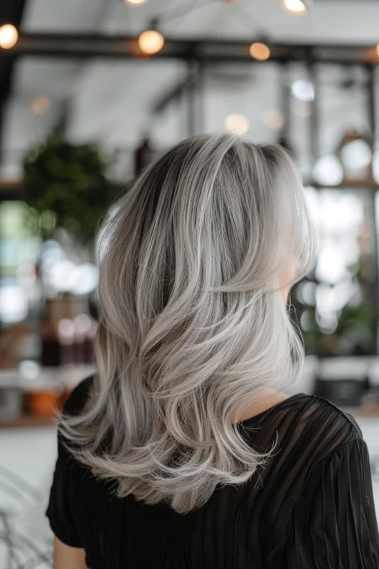 Soft gray balayage on flowing darj hair.