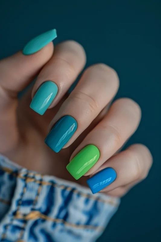 Square-shaped nails with a gradient of green and blue hues in a glossy finish.