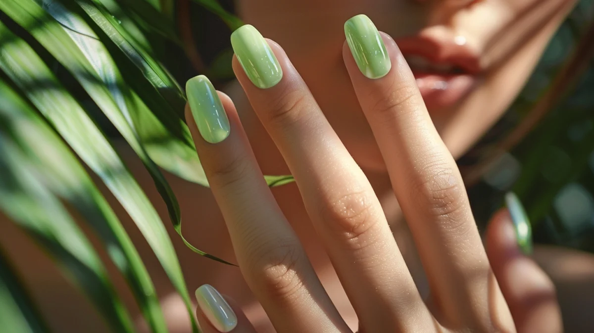 A hand showcasing light green nail polish.