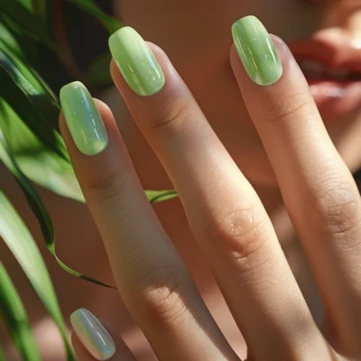 A hand showcasing light green nail polish.