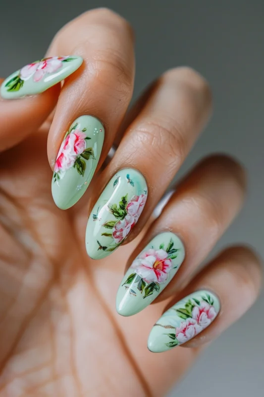 Nails with beautiful floral art on a soft green background.
