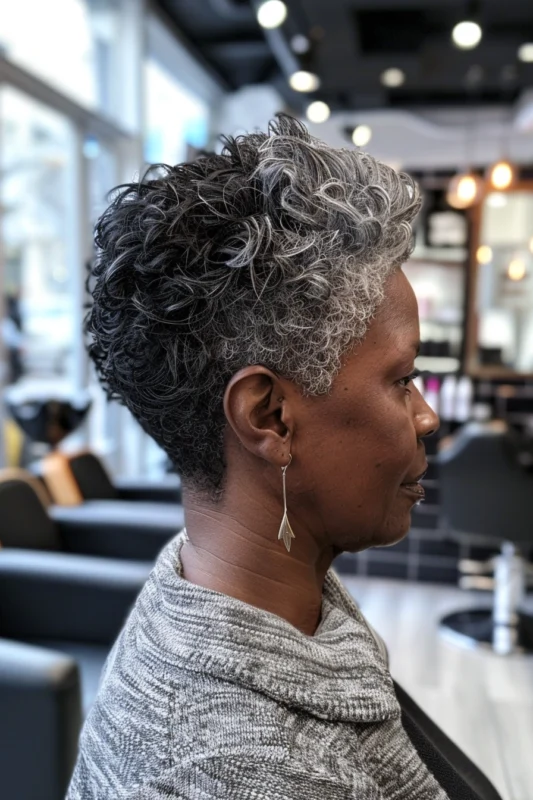 A woman with a stylish close-cropped salt and pepper curly hairstyle.