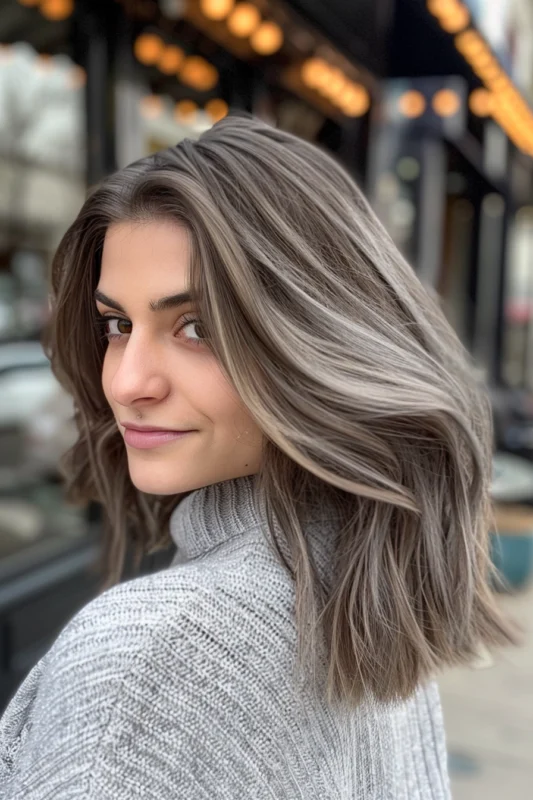 Woman with grey balayage on beautiful brown hair.