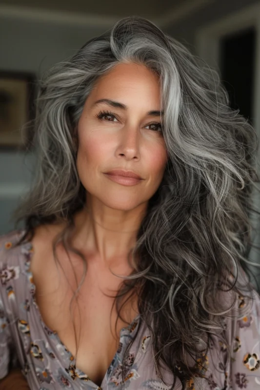 A woman with long wavy salt and pepper hair with soft black highlights.