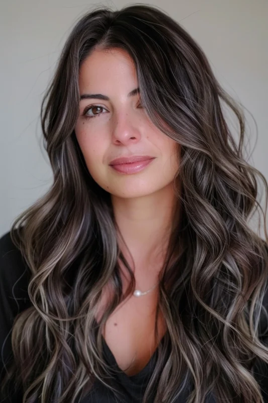 Wavy brown hair with elegant grey highlights.