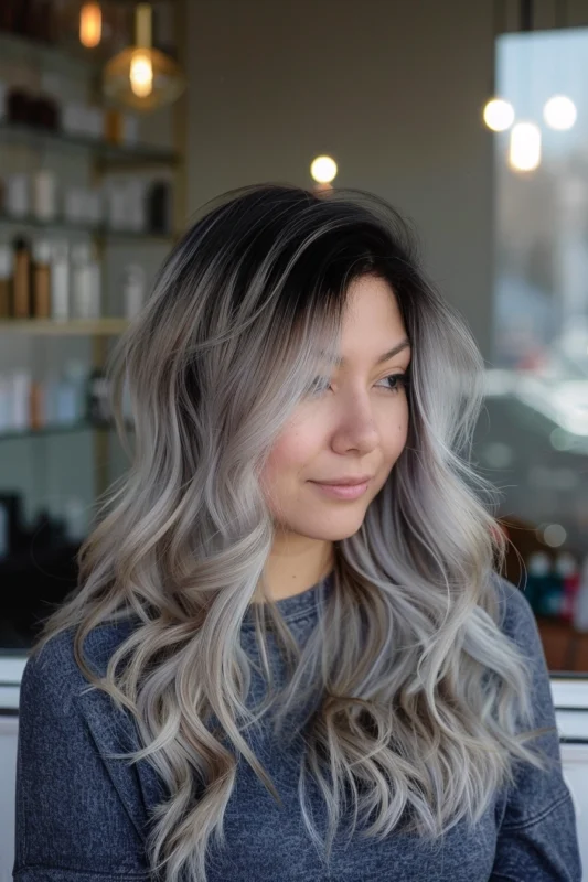 Side view of a woman with grey ombre hair.
