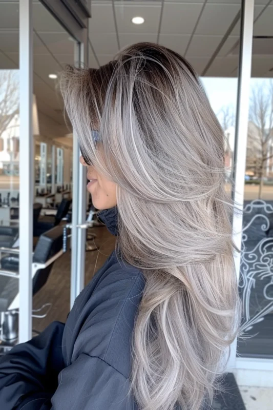 Back view of luscious silver grey hair on a brown base.