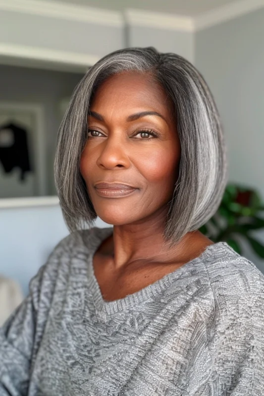 A woman with a sleek salt and pepper bob hairstyle.